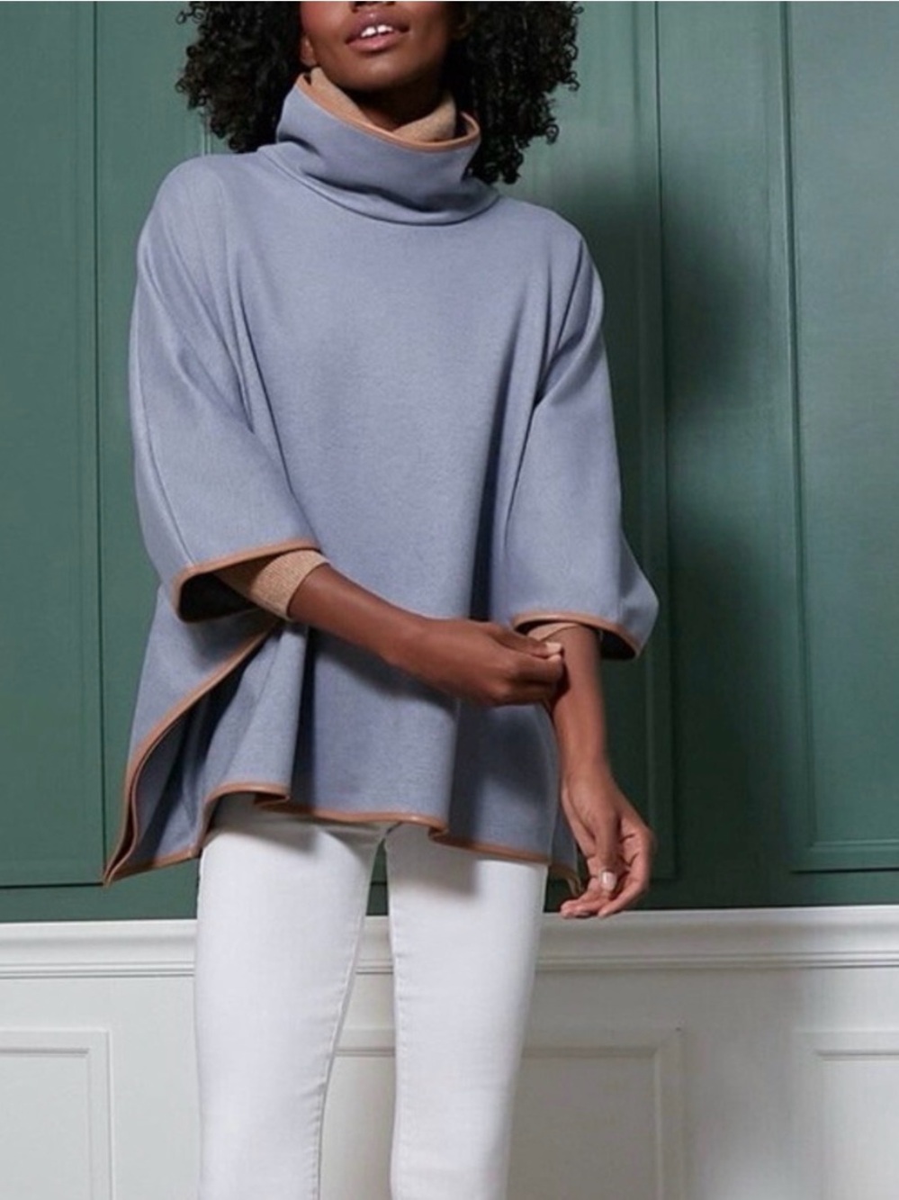 Tuckernuck Light Blue Turtleneck Poncho Sweater with Faux Leather Contrast Trim